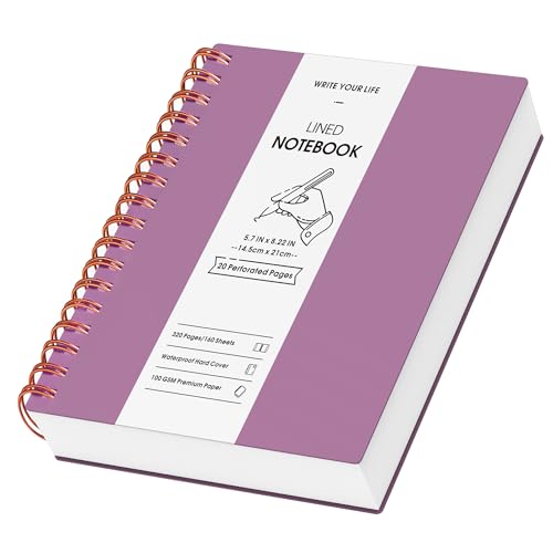 Gosirm A5 Notizblock, Notizbuch, 320 Seiten Spiralgebundene Notizbücher, Hardcover Liniert Spiralblock zum Schreiben, 100 g/m² College Papier, PVC Ringblock zu transportierende, 14,5 x 21 cm Lila von Gosirm