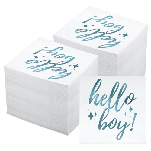 100 Stück Papierservietten für Babypartys für Jungen, Papierservietten für Getränke mit der Aufschrift Hello Boy Papierservietten für Getränke mit der Aufschrift Hello Boy für Babypartys von Gosknor