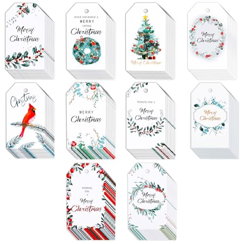 100St Weihnachtsgeschenkanhänger mit Schnur Befestigt, 10 Stile Weihnachtsanhänger Weihnachtsbaumanhänger Hängende Weihnachtsetiketten Geschenkanhänger für Heimdekoration Geschenkverpackung von Gosknor