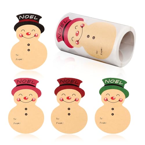 100stk Weihnachtsgeschenkanhänger, Selbstklebende Weihnachtsetiketten Kraft Schneemann Aufkleber Etiketten zum Verpacken von Geschenken für Umschläge Karten Geschenke Dekoration von Gosknor