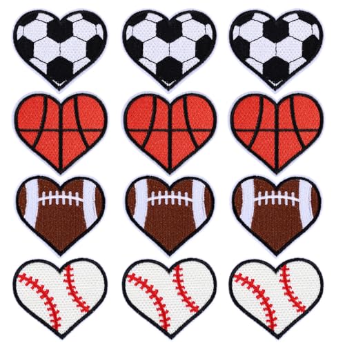 12 Stk Herzförmige Ball Patches, Sport Aufbügler Rugby Softball Fußball Basketball Aufbügler Rugby Sticker Patches Sport Aufbügler für Kleidung Reparatur Dekoration von Gosknor