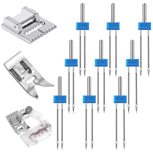 12 Stk Zwillingsnadel Nähfüße, Zwillingsnadeln aus Metall für Nähmaschine mit 3 Verschiedenen Nähfüßen von Gosknor