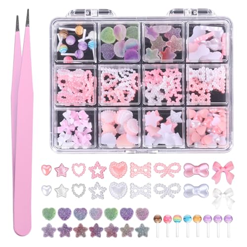 150stk 3D Nagel Anhänger Charms, Bunt Lutscher Schleife Herz Sternform Verschiedene Nagel-Charms mit Aufnahmewerkzeugen Süß Nageldekorationen für Nail Art DIY-Dekorationsdesign von Gosknor