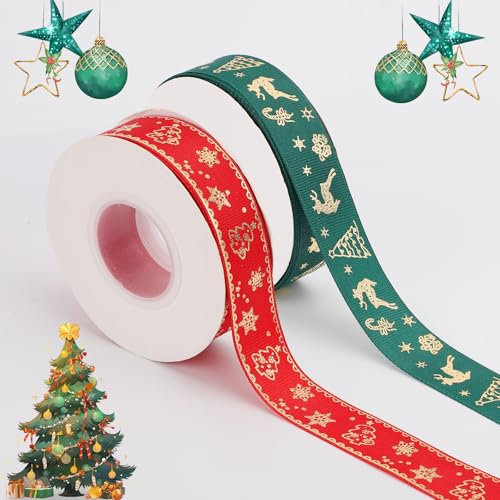 2 Rollen Weihnachtsband, 45,72m Rot-Grünes Weihnachts-Verpackungsband Weihnachts-Ripsband Merry Christmas-Band zum Basteln DIY-Dekoration von Gosknor