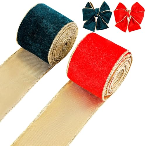 2 Rollen Weihnachtsbaum-Seidenband, 4,5 m Dekoratives Weihnachtsband Rotes und Grünes Weihnachtsbaumband DIY-Weihnachtsband mit Draht für Girlanden Kränze Geschenkverpackungen (6,5cm Breite) von Gosknor