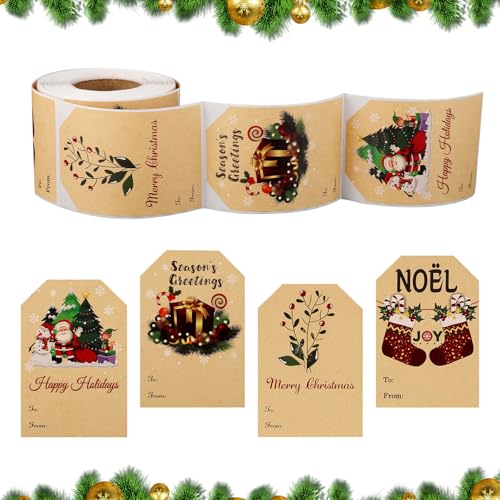 200stk Weihnachtsanhänger-Aufkleber, 7,5x5cm Vintage Weihnachtsgeschenkanhänger Selbstklebend Kraftpapier Weihnachtsnamensschilder für Geschenke Schachteln Karten (4 Designs) von Gosknor