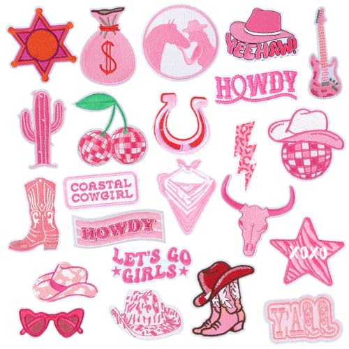 23 Stück Western-Aufbügler, Pink Bestickte Flicken Applikationen Cowgirl-Aufnäher zum Aufnähen Vintage-Stickerei-Aufnäher für Kleidung Hüte Jacken Rucksäcke von Gosknor