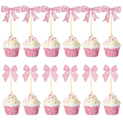 24 Stück Cupcake-Topper mit Rosa Schleife, Kuchendekorationen mit Papierschleife Süße Cupcake-Picker mit Fliege Foto-Requisiten für Kuchen mit Schleife für Hochzeiten Geburtstage Party von Gosknor