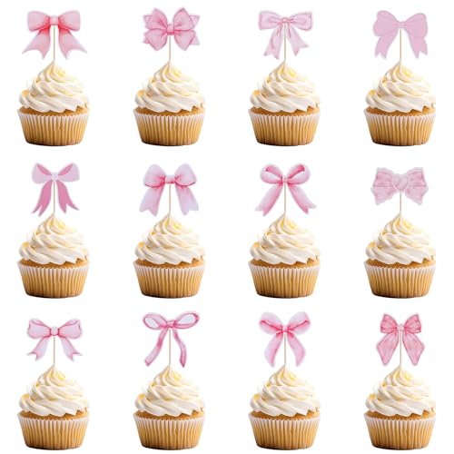 24stk Cupcake-Topper mit Rosa Schleife, Papier Cupcake Topper Schleife Cupcake Deko Schleifen Picker Cupcake für Verlobung Babyparty Schleifenthema Party-Dekor von Gosknor