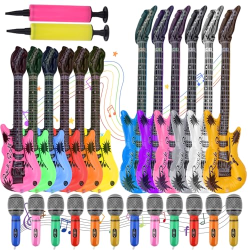 26stk Luftgitarren zum Aufblasen und Mikrofone, Mehrfarbige Aufblasbare Gitarren-Musikinstrument-Ballons Aufblasbares Mikrofon und Gitarre mit Musikthema von Gosknor