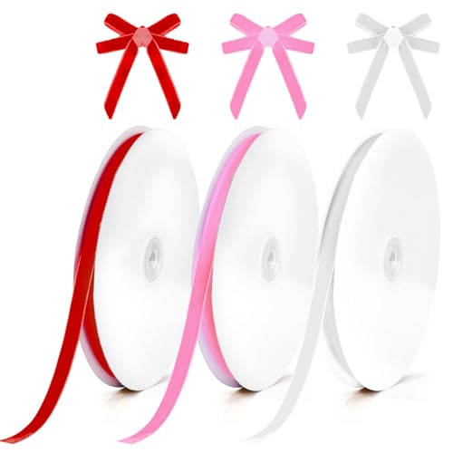 3 Rollen Weihnachtssamtband, 1cm 18,3m Vintage Weihnachtsbaum Samtband Einseitiges Satin Samtband für Weihnachten Basteln Geschenkverpackung Dekoration Insgesamt 54,9m (Rot, Rosa, Weiß) von Gosknor