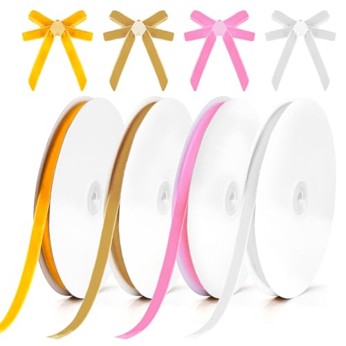 4 Rollen Weihnachtssamtband, 1cm 18,3m Vintage-Satinsamtband Einseitiges Weihnachtsbaum-Samtband für Weihnachten Basteln Geschenkverpackungen Insgesamt 73,2m (Rosa, Khaki, Gold, Weiß) von Gosknor