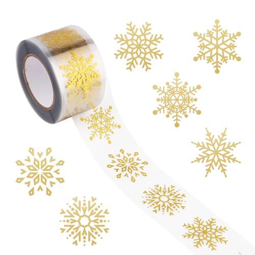 500 Stück Transparente Schneeflocken Aufkleber, Rolle Transparente Weihnachtsaufkleber mit Goldfolie Schneeflocken Aufkleber für Weihnachtsumschläge Geschenke Dekoration von Gosknor