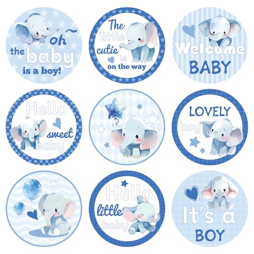 504stk Babypartyaufkleber für Jungen, Blau Hübsch Willkommen-Baby-Aufkleber Rund Babyjungen-Etiketten für Partygeschenke Scrapbooking Schokolade Süßigkeiten Geschenkverpackung (Elefant) von Gosknor