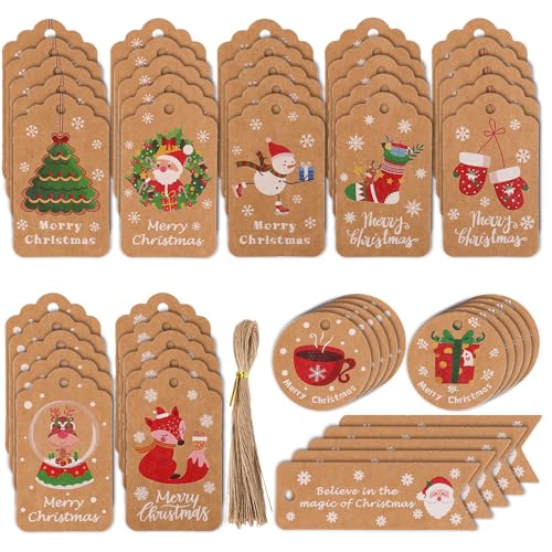 50stk Vintage Weihnachtsgeschenkanhänger mit Schnur, Verschiedene Formen Weihnachtsnamensschilder Kraftpapieretiketten zum Verpacken von Geschenken Weihnachtsbasteln Heimdekoration von Gosknor