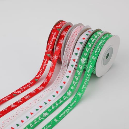 6 Rollen Weihnachtsband, 54,86m Weihnachts-Ripsband Weihnachtsband zum Verpacken von Geschenken Elchband Schneeflockenband Frohe Weihnachten Band zum Basteln DIY Dekoration von Gosknor