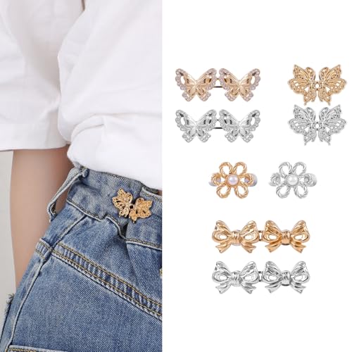 8 Sets Hosen Taillenstraffer für Damen, Abnehmbar Schnallen zur Taillenverstellung für Weite Jeans Schmetterling Blume Schleife Knopfnadeln für Jeans Kein Nähen Taille Knopf Bekleidungszubehör von Gosknor