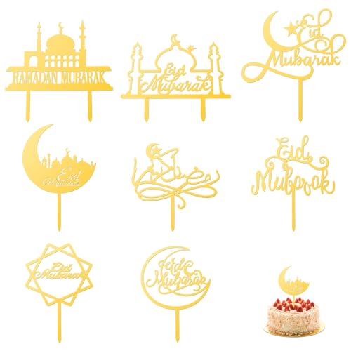 8 Stück Eid Mubarak-Kuchenaufsätze, 8 Stile Acryl Ramadan Kuchenaufsätze Mondstern Kuchenaufsätze Eid Mubarak Dekorationen für Eid Ramadan Islamische Muslimische Partydekoration (Gold) von Gosknor