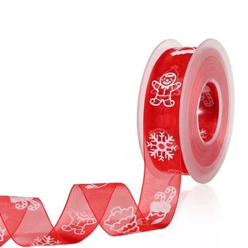 Weihnachtsband, 20 m x 2,5 cm schmales dekoratives Weihnachtsband Zart Bedrucktes Drahtband zum Basteln Verpacken von Geschenken Weihnachtsbaum Winterdekoration (Rot) von Gosknor