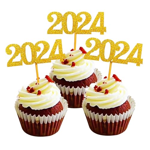 2025 Cupcake Toppers, 24 Pack Glitter 2025 Food Cake Picks Dekoration für Neujahr Geburtstag Hochzeit Graduierung Party Dessert Dekoration (Gold) von GotGala