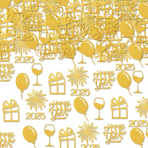 2025 Happy New Year Papier Konfetti Happy New Year Party Dekoration Gold Glitzer 2025 Luftballons Feuerwerk Weinglas Tisch Streuung für Silvester (Gold) von GotGala