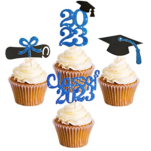 GotGala 24 Stück 2023 Abschluss-Cupcake-Topper Glitzer Congrats Grade Class of 2023 Diplom Grade Cap Cupcake Picks Abschluss Kuchen Dekorationen für 2023 Abschlussfeier Party Dekoration (blau) von GotGala