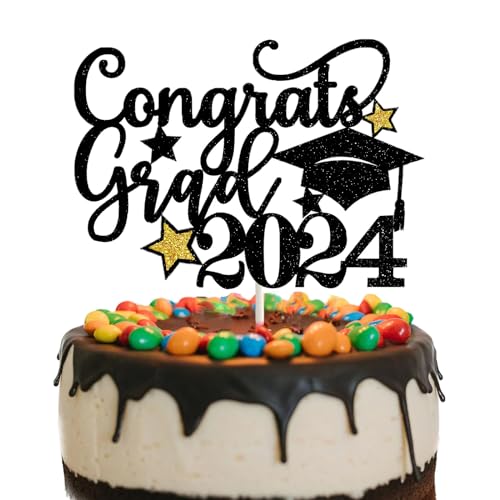 GotGala Congrats Grad 2023 Cake Topper Schwarz und Gold Glitzer Abschluss Kuchen Topper Abschlusskappe Stern Kuchen Picks für 2023 Abschlussfeier Party Dekorationen von GotGala