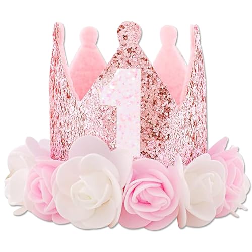 GotGala Erster Geburtstag Hut Rosa Baby Mädchen 1. Geburtstag Krone Rosa Party Krone Einjährig Blumen Prinzessin 1. Geburtstag Dekoration (1ST) von GotGala