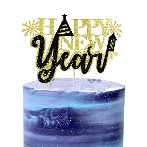 GotGala Happy New Year Cake Toppers Schwarz & Gold Glitzer Happy New Year Dekorationen Cheers to 2023 Hello 2023 Neujahr Cake Topper für Silvester Party Winter Urlaub Dekorationen von GotGala