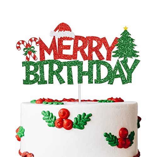 Merry Birthday Cake Topper Rot & Grün Glitzer Weihnachtsgeburtstagstorte Dekoration Weihnachten Geburtstagsfeier Kuchen Food Picks für Winter Oneaderland Weihnachten Geburtstag Babyparty Dekorationen von GotGala