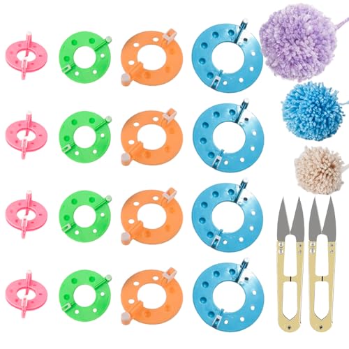 Gotetiso 16 Stück Pompon Set Bommelmacher Kunststoff Pompom Maker Set Bobble Maker Fluff Ball Weaver Nadel Bommelschablone Fluff Kugel Puschel Basteln DIY Knitting Handwerk Werkzeug mit Schneideschere von Gotetiso