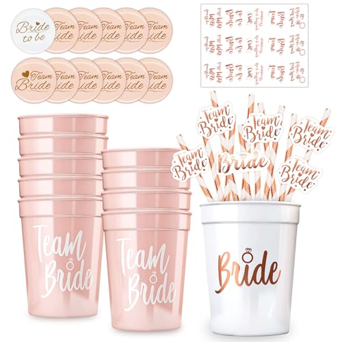 GothicBride 12 Set JGA Becher, Wiederverwendbar Team Bride Becher + JGA Buttons + Strohhalme + Tattoo Aufkleber, Junggesellenabschied Bachelorette Party Accessories Frauen Bridal Shower von GothicBride