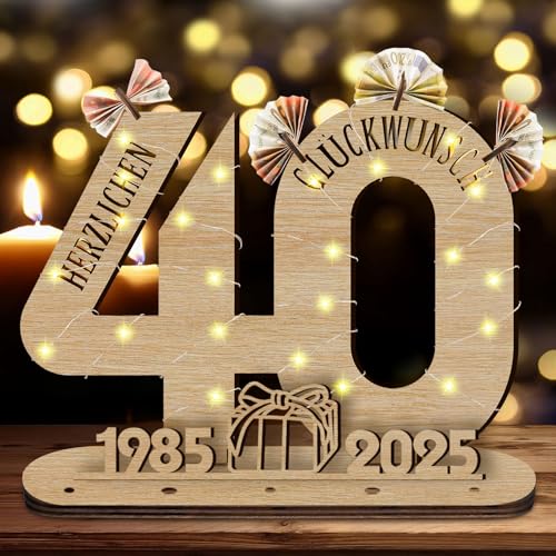 GothicBride 2025 40 Geburtstag Geschenk Geldgeschenke Geburtstag, 40 Geburtstag Frauen Deko Holz-Schild Gästebuch mit LED Lichterkette, 40 Geburtstag Mann Personalisierbares Geschenk von GothicBride