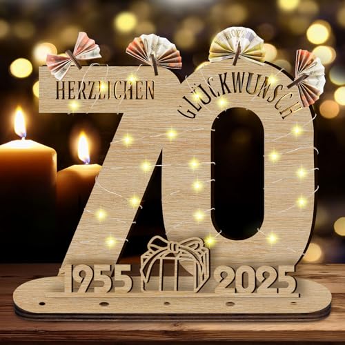 GothicBride 2025 70 Geburtstag Geschenk Geldgeschenke Geburtstag, 70 Geburtstag Deko Geschenke Holz-Schild Gästebuch mit LED Lichterkette, 70 Geburtstag Frau Männer Personalisierbares Geschenk von GothicBride