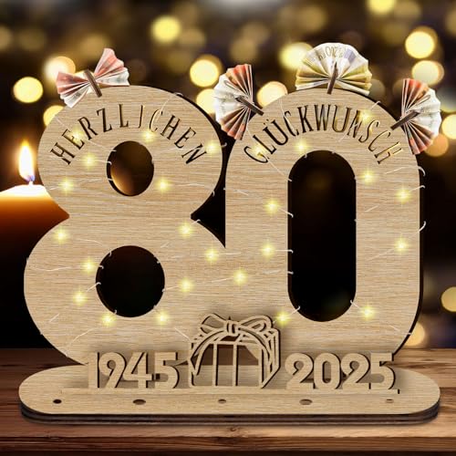 GothicBride 2025 80 Geburtstag Geschenk Geldgeschenke Geburtstag, 80 Geburtstag Deko Geschenke Holz-Schild Gästebuch mit LED Lichterkette, Geschenke zum 80 Geburtstag Männer Frau von GothicBride