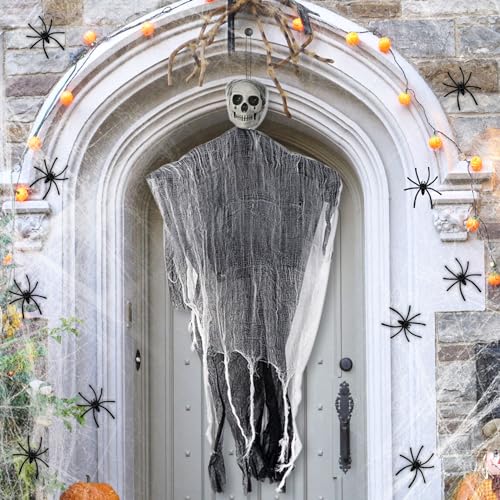 GothicBride Hängende Geister Deko 90cm Skelett Gespenst mit 40g Dehnbare Spinnennetze 10 Künstliche Spinnen Halloween Hängedekoration Garten Party Horror Set von GothicBride