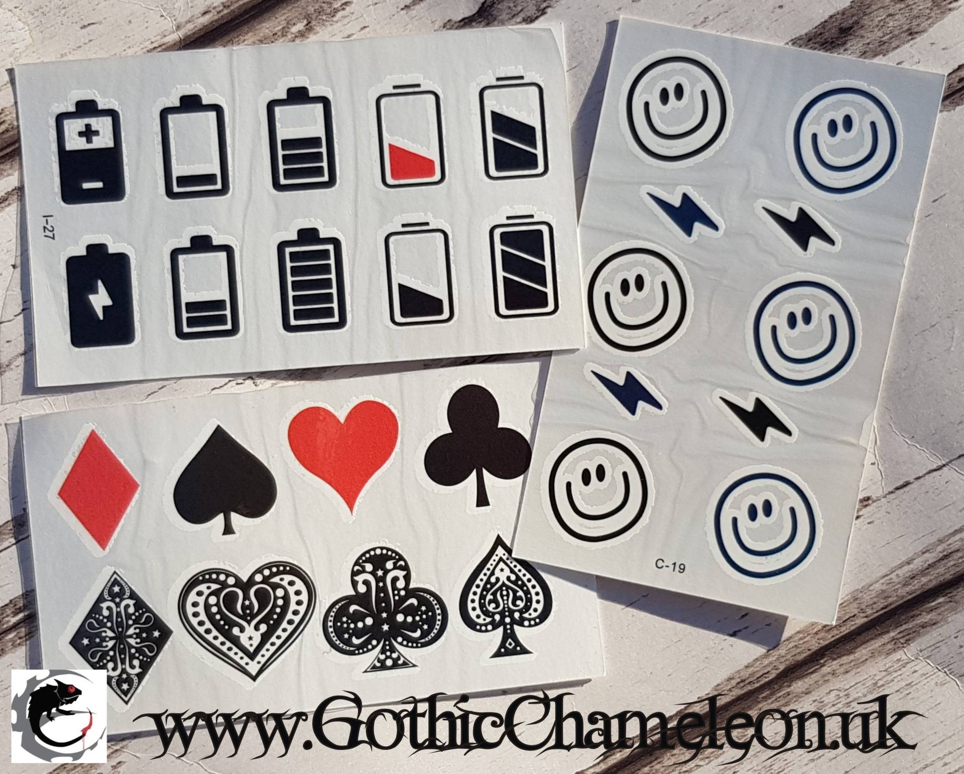 Temporäre Tattoo Blätter Batterien Symbol Spielkarte Anzüge Smiley Blitz von GothicChameleon
