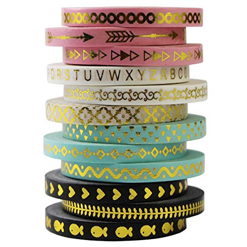 12er Set Washi Tape Dekoband Klebeband Bunt Gold Schwarz Weiß Pink Rosa Klebebände Schmal 5mm x 10m Masking Tape DIY Craft Scrapbooking Geschenkpapier Masking Tape Japanese Papierband von Gouert