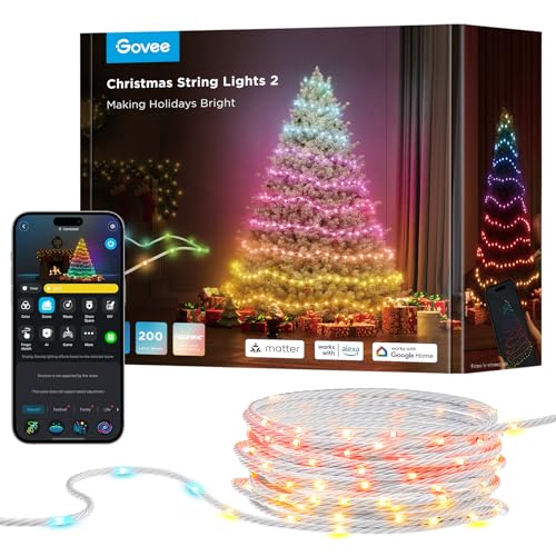 Govee Christmas Lights, 20M RGBICW Lichterkette Innen für Weilnachtsbaum, 200 LEDs Weilnachtsbeleuchtung Außen, Shape-Mapping, 130+ Szenen-Modi, IP65 Wasserdicht, Sync mit Musik, Kompatibel mit Alexa von Govee