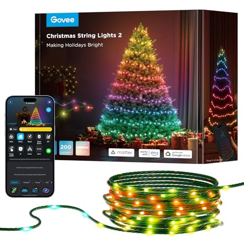 Govee Christmas Lights, RGBWIC 20M Weilnachtsbeleuchtung Außen, 200 LEDs Lichterkette Innen für Weilnachtsbaum, Shape-Mapping,130+ Szenen-Modi, IP65 Wasserdicht, Kompatibel mit Alexa, Grünes Kabel von Govee