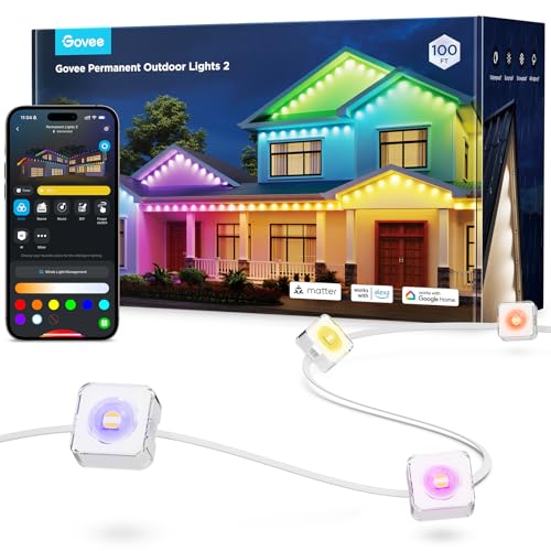 Govee Permanent Outdoor Lights 2, 30m RGBIC Outdoor Lights mit 72 LED Lichtern,40lm, IP67 Wasserdicht lichterkette outdoor, 100 Szenen Modi für Decor, Arbeit mit Alexa, Google Assistant, Weiße Version von Govee