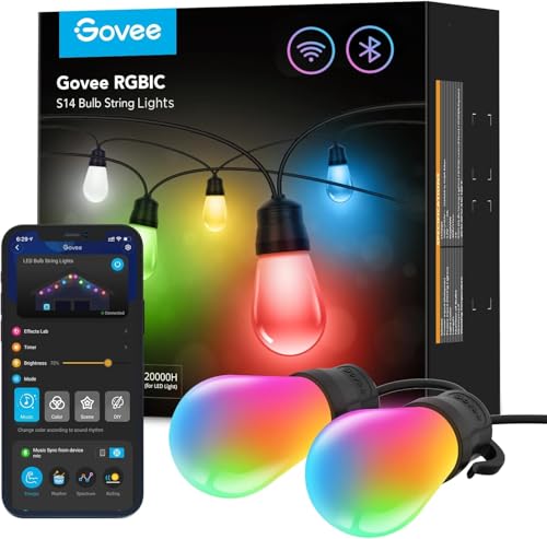 Govee Lichterkette Außen, Smart LED Wifi RGBICW Glühbirnen, IP65 Wasserdicht, Funktioniert mit Alexa und Google Assistant, App-Steuerung, 47 Szenenmodi, 15 LEDs 15m Outdoor von Govee