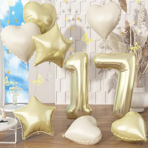 101cm Champagner Gold Luftballon Zahl 17, 40" Folienballon Hell Gold Zahlenballon 17, 17. Geburtstag Zahlen mit Beige Herz Stern Ballon für Kinder, Helium 17 Ballon Geburtstagsdeko Jubiläum Party Deko von Govpy