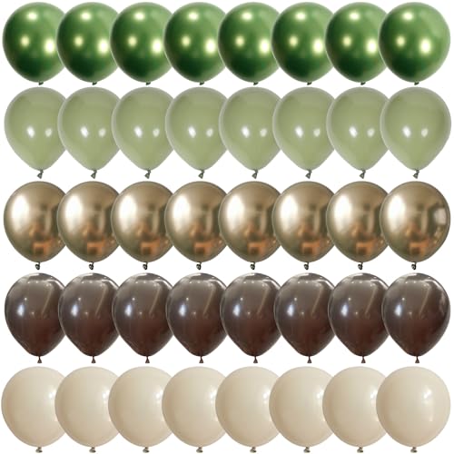 12 Luftballons Grün Beige Braun, 60 Stück Ballon Olivgrün Salbei Grün Kaffee Beige Metallic Gold Helium Ballon für Kinder Geburtstag Babyparty Waldland Safari Dschungel Eukalyptu Camouflage Party Deko von Govpy