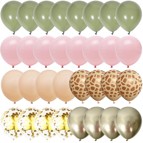 12 Luftballons Retro Grün Rosa, 60 Stück Salbeigrün Pastell Rosa Gold Ballon, Hellrosa Creme Beige Ballon mit Tiermuster für Mädchen Dschungel Safari Geburtstag Babyparty Wild One Giraffe Party Deko von Govpy