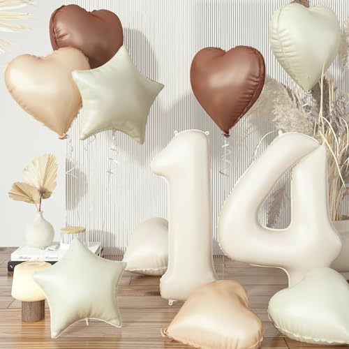 Luftballons 14 Creme, XXL Nude Cremeweiß 14. Geburtstag Ballon Deko, Beige Zahlen 14 Stern Folienballon Neutraler Aprikose Kaffee Braun Herz Luftballons für Mädchen Valentinstag Party Dekoration von Govpy