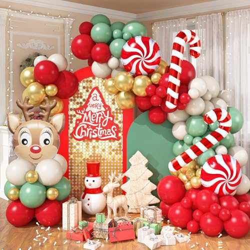 142 Stk Weihnachts Deko Ballon Girlande, Weihnachten Luftballon Rot Salbei Grün Beige Creme Gold Weihnachtsdeko Set Zuckerstangen Süßigkeiten Elch Folienballons für Kinder Christmas Party Dekoration von Govpy