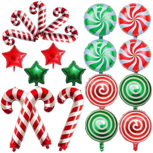 Weihnachts Süßigkeiten Luftballon, 20 Stk Weihnachten Deko Luftballons Set Bonbon Zuckerstangen Stern Folienballon, Rot Grün Weihnachtsdeko Lollipop Helium Ballon für Kinder Christmas Party Dekoration von Govpy