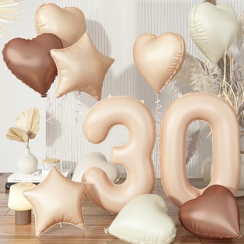 30 Luftballon Zahl Beige Set, Aprikose 30. Geburtstag Ballons Deko für Frau, Neutraler Creme Kaffee Nude Herzballons Helium Braun Stern Folienballon für 30 Geburtstagsdeko Jubiläum Party Dekoration von Govpy