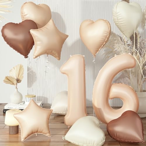 Geburtstagsdeko 16 Jahre für Mädchen, Braun Zahl 16 Luftballon Cremefarben Kaffee Herz Deko, Nude Creme Beige Ballon 16 Neutraler Stern Folienballon für Mädchen 16. Geburtstag Party Dekoration von Govpy